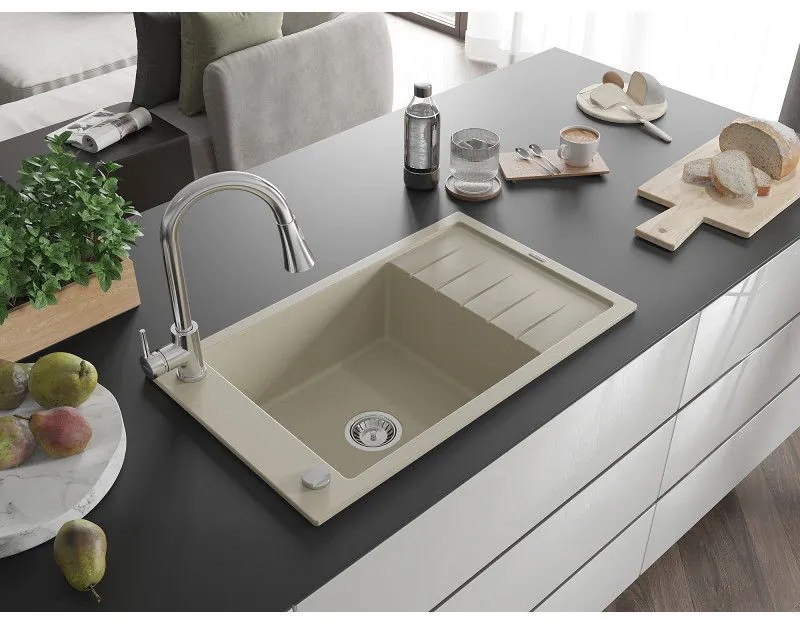 Mexen Elias, 1-komorový granitový drez 795x480x200 mm a drezová batéria Elia, biela, 6511-69-670101-00