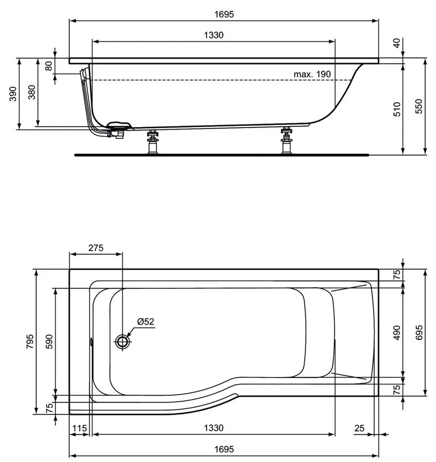 Ideal Standard Connect Air - Vaňa so zónou pre sprchovanie (ľavá) 1695x795 mm, biela E113401