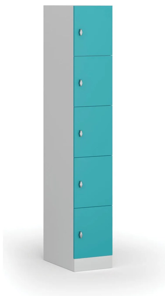 Šatníková skrinka S1 s úložnými boxmi, 5 boxov, 1850 x 300 x 500 mm, otočný zámok, zelené dvere