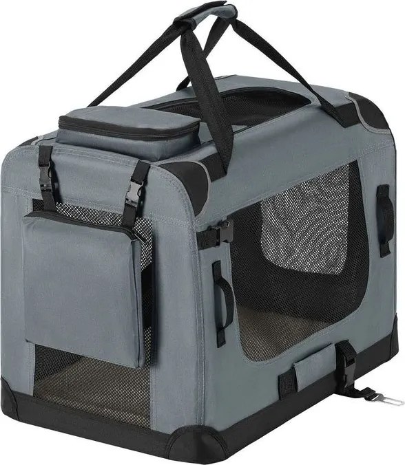 Skladací prepravný box pre psov, sivý, s posteľou, veľkosť M