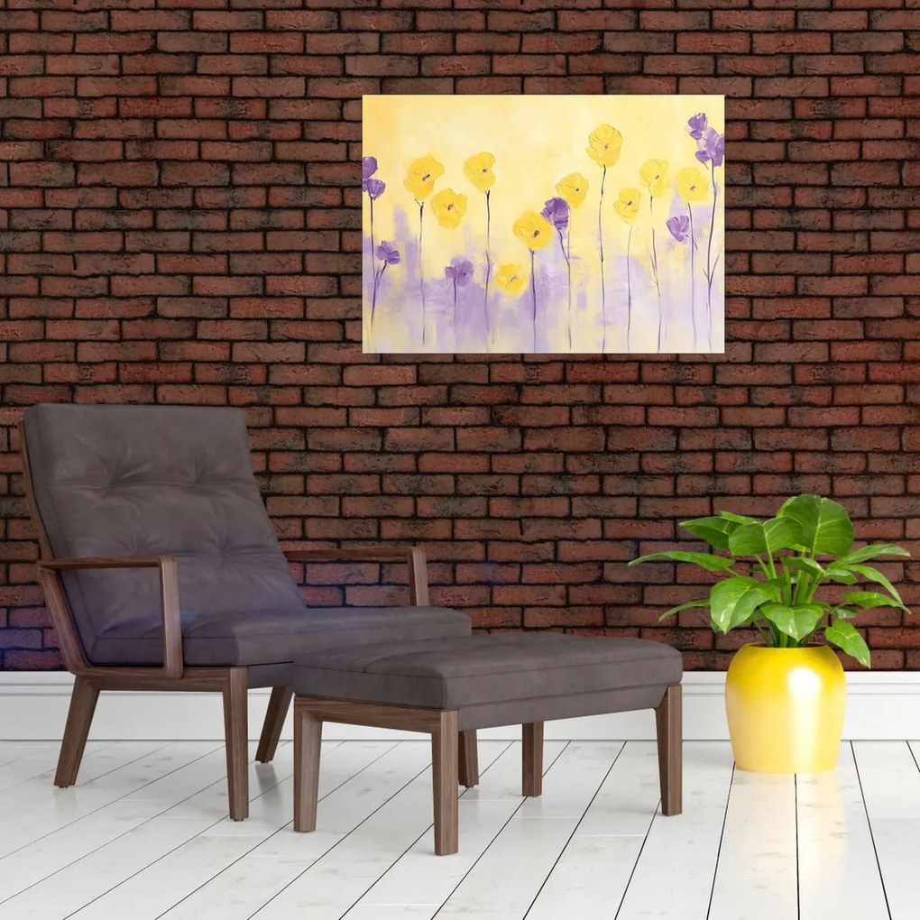 Sklenený obraz - Fialové a žlté kvietky (70x50 cm)