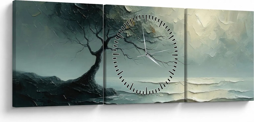 Obraz - Olejomaľba stromu s oceánom (s hodinami) (90x30 cm)