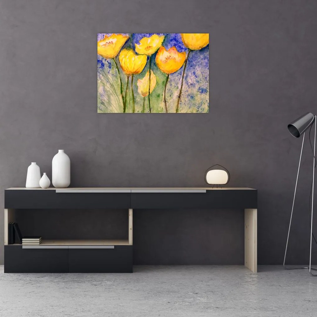 Sklenený obraz - Žlté tulipány (70x50 cm)