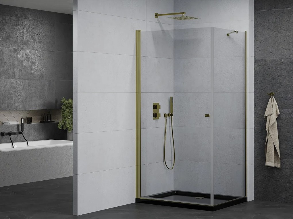 Mexen Pretoria, sprchovací kút 70 (dvere) x 100 (stena) cm, 6mm číre sklo, zlatý profil + čierna sprchová vanička, 852-070-100-50-00-4070G