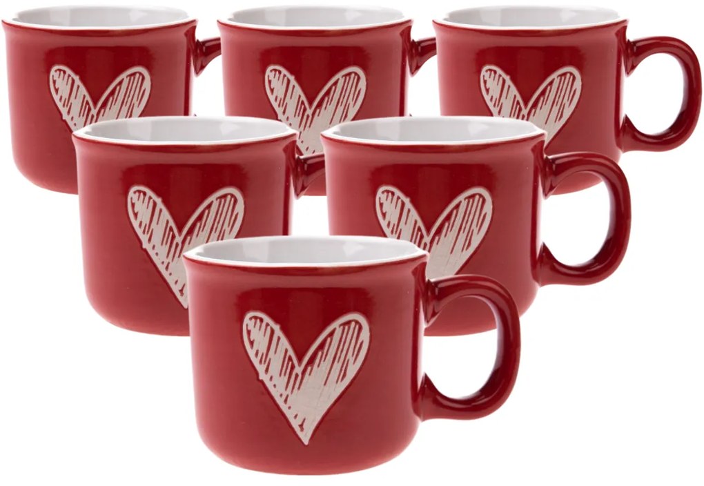 Súprava 6 keramických hrnčekov Srdiečko I, 90 ml, červená