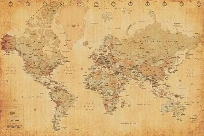 Plagát, Obraz - Starožitná mapa sveta, (91.5 x 61 cm)