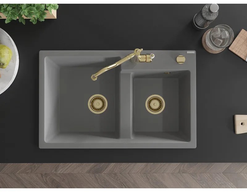 Mexen Tomas, granitový drez 800x500x190 mm, 2-komorový a drezová batéria Carla, šedá, 6516-71-670700-50