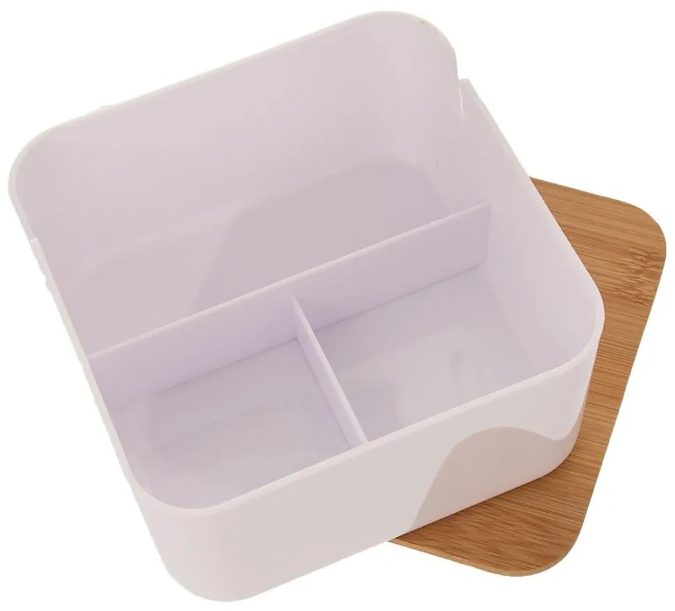 Kozmetický úložný box, biely s bambusovým vekom, so zrkadlom, šperkovnica WHITNEY