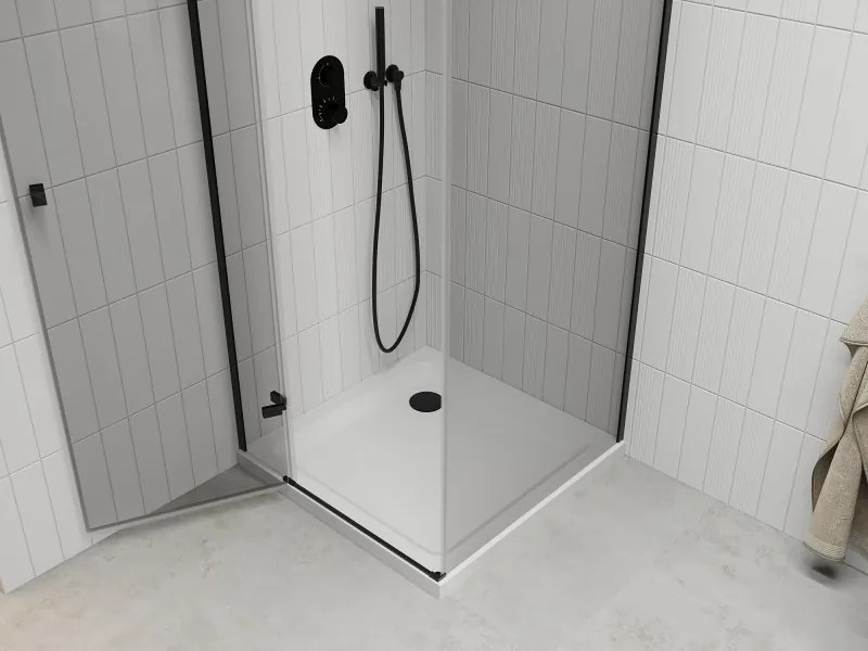 Mexen Roma, sprchovací kút s 1-krídlovými dverami 80 (dvere) x 80 (stena) cm, 6mm číre sklo, čierny profil, slim sprchová vanička 5cm biela s čiernym sifónom, 854-080-080-70-00-4010B