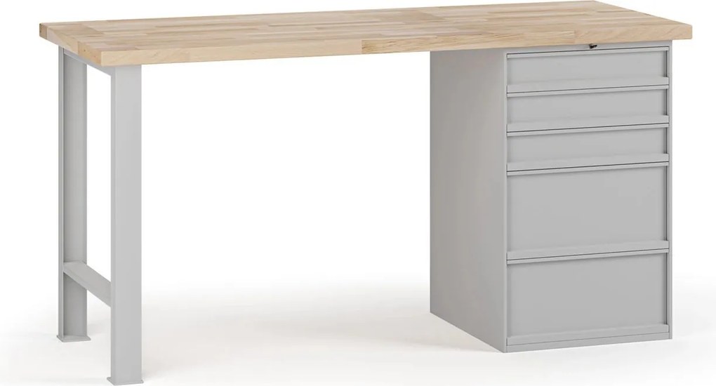 Dielenský pracovný stôl G7, buková škárovka, 1700 x 800 x 840 mm, 1x kontajner, 5 zásuviek, sivá