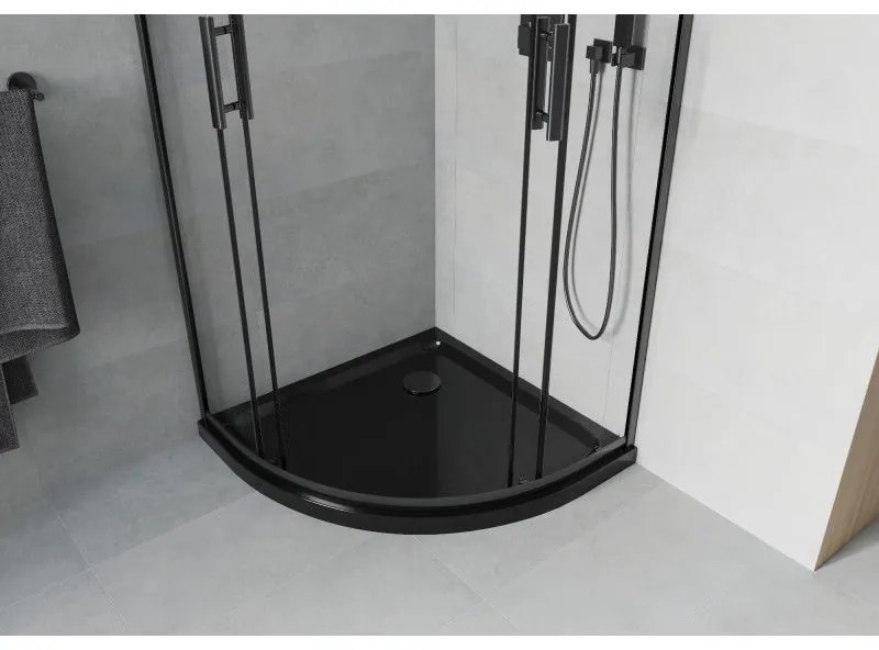 Mexen Rio, štvrťkruhový sprchovací kút s posuvnými dverami 90 x 90 cm, 6mm číre sklo, čierny profil + čierna sprchová vanička, 863-090-090-70-00-4170B