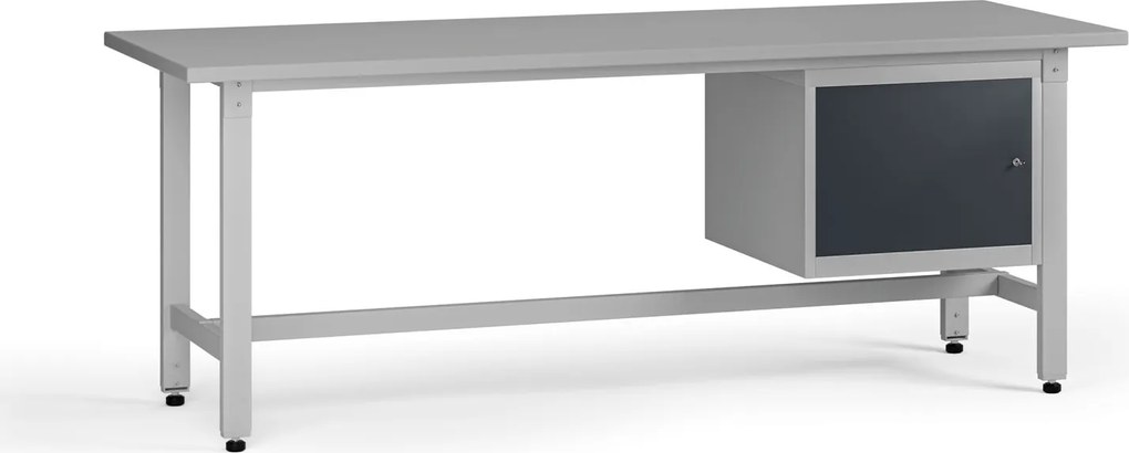 Výškovo nastaviteľný dielenský stôl G5, 2100 x 750 x 800-1000 mm, 1x skrinka, grafit