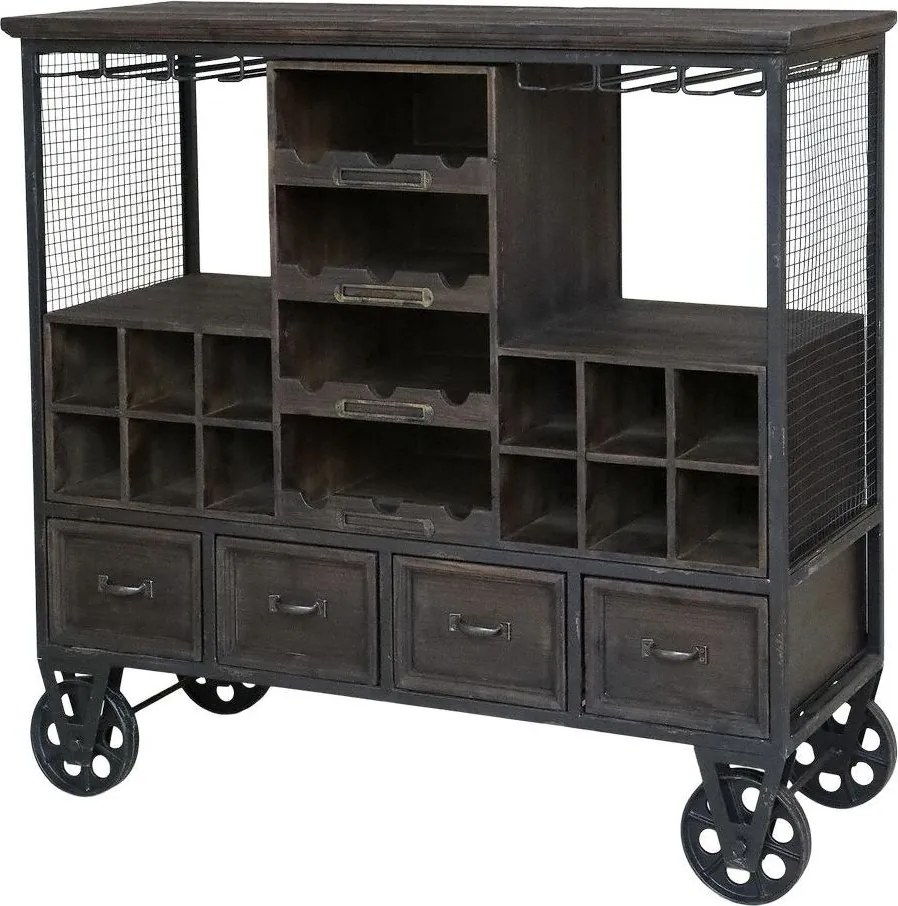 Drevená antik vinotéka Bourseiller na kolieskach - 94*37*91 cm