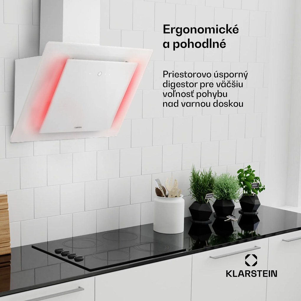Klarstein Eleonora 60, digestor, 60 cm, nastenný, 426 m³/h, dotykový panel, LED, A++, biely
