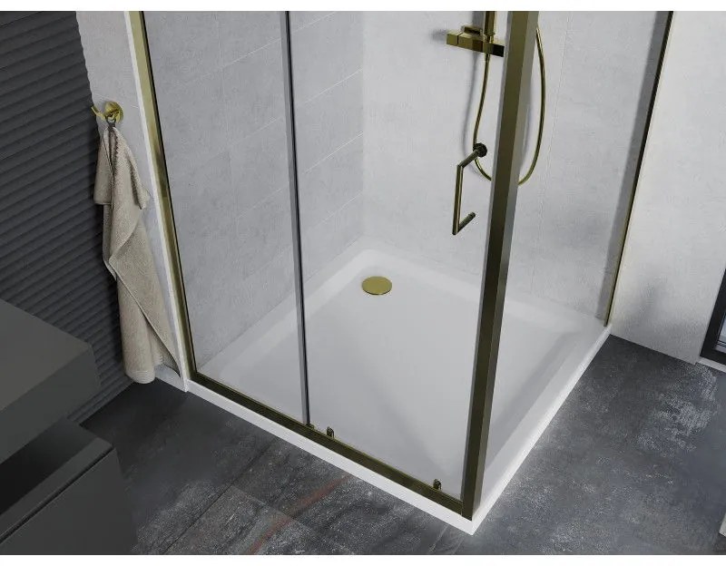 Mexen Apia, sprchový kút s posuvnými dverami 90 (dvere) x 90 (stena) cm, 6mm číre sklo, zlatý profil + biela sprchová vanička SLIM, 840-090-090-50-00-4010G