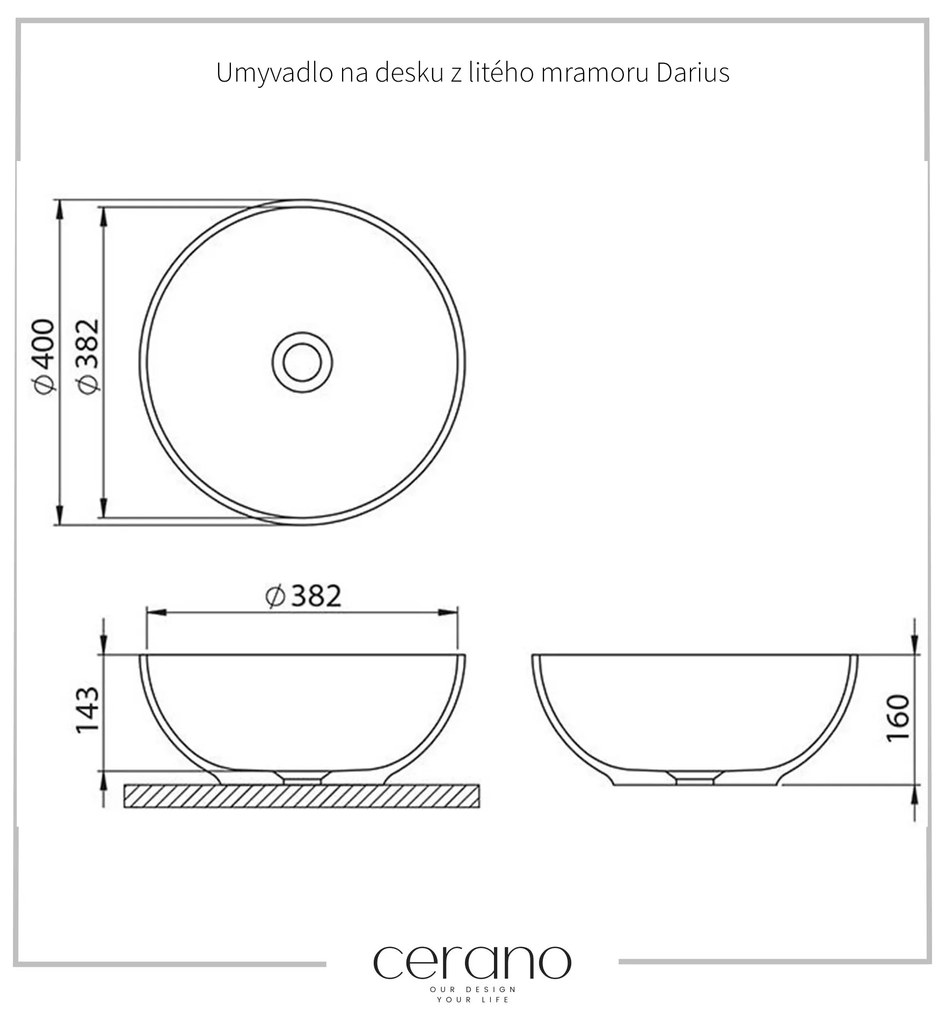 Cerano Darius, umývadlo na dosku z liateho mramoru ø 40 cm, biela, CER-CER-395745