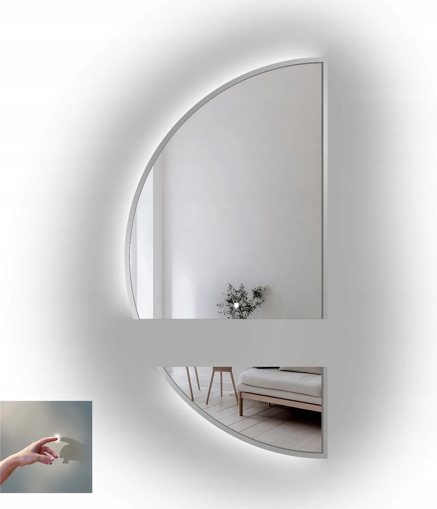 Polkruhové zrkadlo Doppio v striebornom ráme Mdf v dvoch častiach s Led diódami 130x260