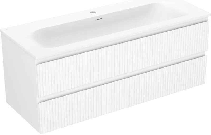 Mexen Rivel, kúpeľňová skrinka 120 cm s umývadlom Vela, 2 zásuvky, drážkovaná, biela matná, 91A20-12047-2-BFF01-W23M01