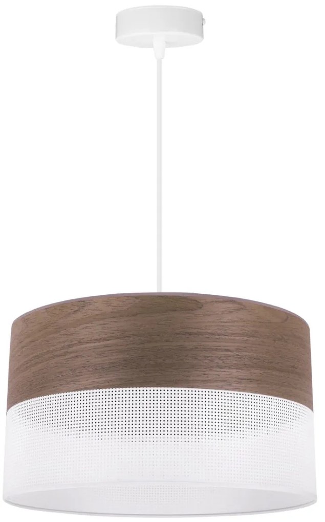 Závesné svietidlo Wood, 1x hnedá orechová dýha/biele PVC tienidlo, (fi 35cm)