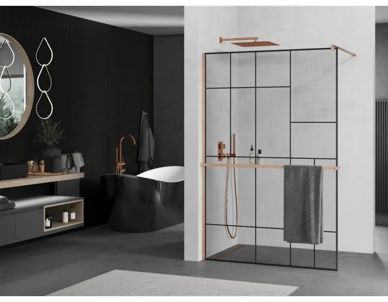 Mexen Kioto+, sprchová zástena Walk-In s poličkou a vešiakom 140 x 200 cm, 8mm číre sklo čierny vzor, medený matný profil, 800-140-121-65-78
