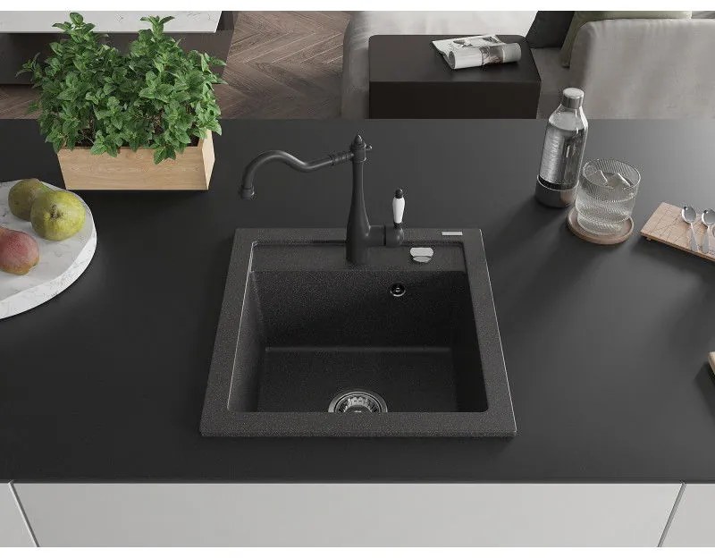 Mexen Vito, granitový drez 490x520x210 mm, 1-komorový a drezová batéria Carla, čierna škvrnitá, 6503-76-670700-70