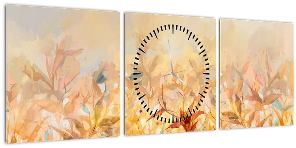 Obraz - Listy vo farbách jesene, olejomaľba (s hodinami) (90x30 cm)