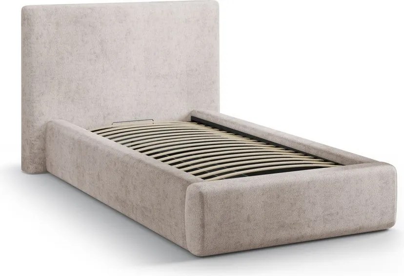 Béžová čalúnená jednolôžková posteľ s úložným priestorom s roštom 90x200 cm Amy – Micadoni