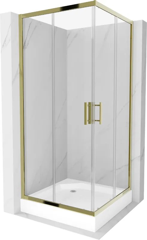 Mexen Rio, štvorcový sprchovací kút s posuvnými dverami 90(dvere) x 90(dvere) x 190 cm, 6mm číre sklo, zlatý profil + biela sprchová vanička RIO, 860-090-090-50-00-4510