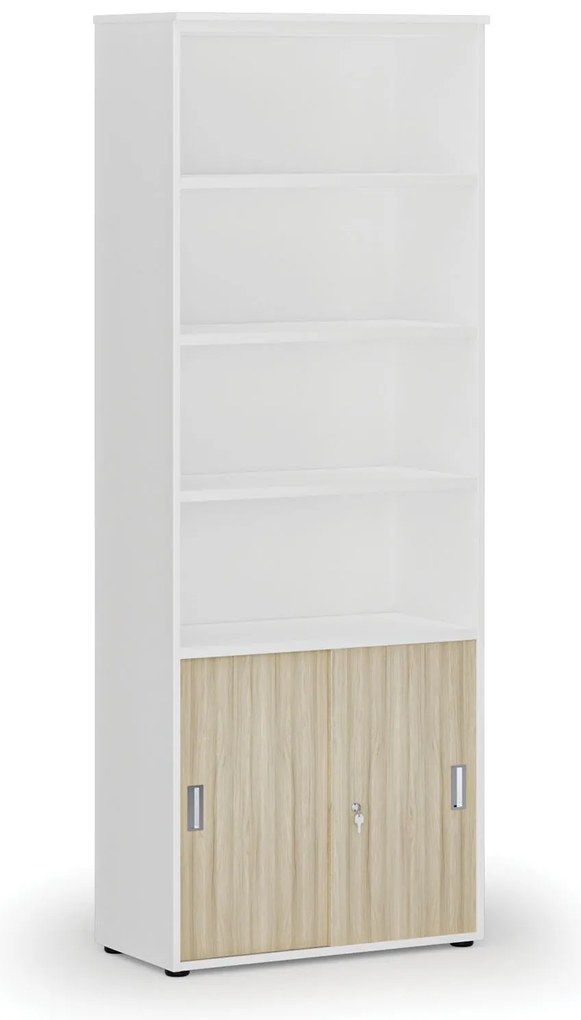 Kombinovaná kancelárska skriňa PRIMO WHITE, zasúvacie dvere na 2 poschodia, 800 x 420 x 2128 mm, biela/dub prírodná