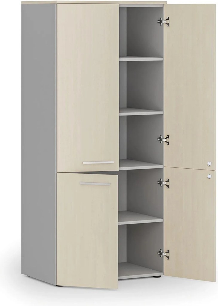 Kancelárska policová skriňa PRIMO GRAY, polené dvere, 800 x 500 x 1781 mm, sivá/breza