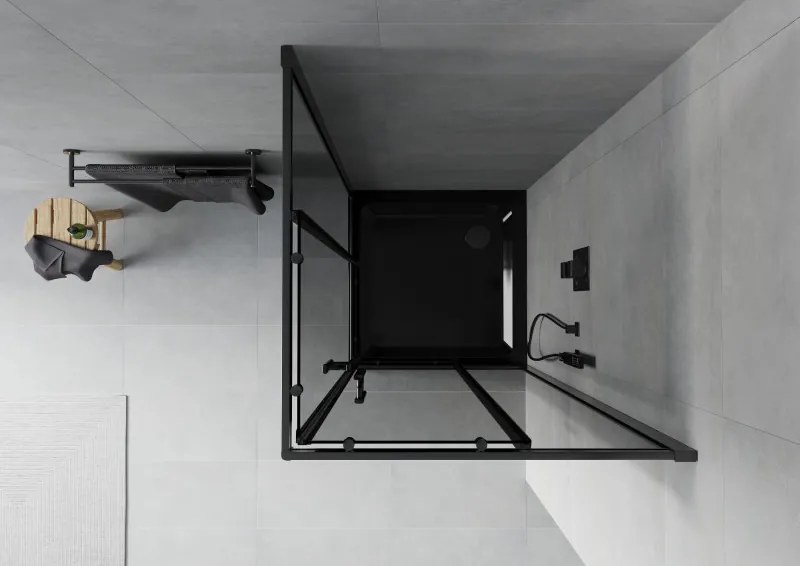 Mexen Rio, štvorcový sprchovací kút s posuvnými dverami 80(dvere) x 80(dvere) x 190 cm, 6mm šedé sklo, čierny profil + čierna sprchová vanička SLIM, 860-080-080-70-40-4070B