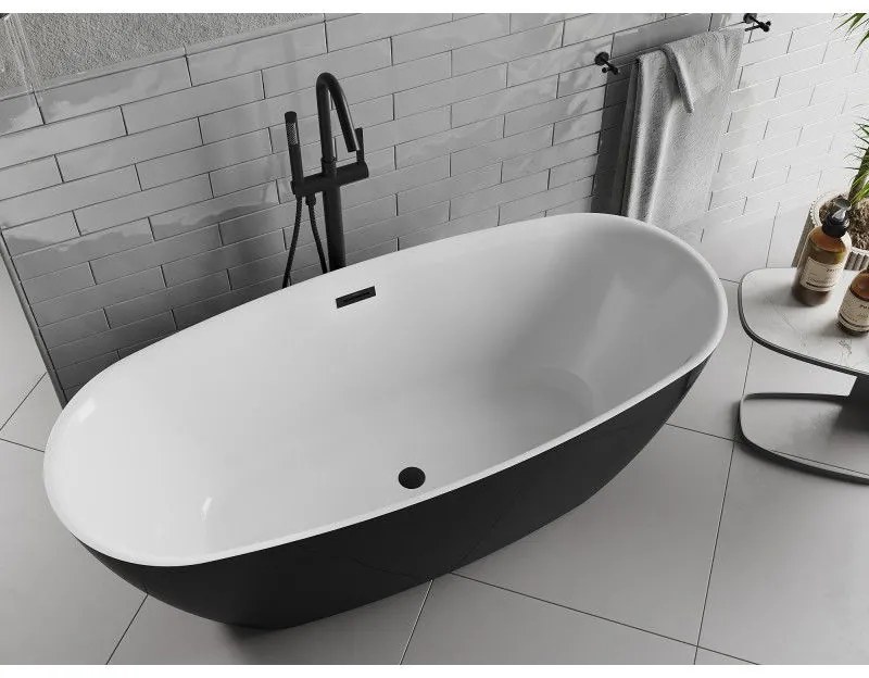 Mexen Luvo Slim, voľne stojaca vaňa 170 × 75 cm, biela-čierna, čierny prepad, 52801707575-70