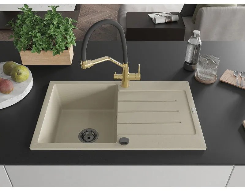 Mexen Bruno, 1-komorový granitový drez 795x495x200 mm a drezová batéria Duo, béžová, 6513-69-671701-57-B