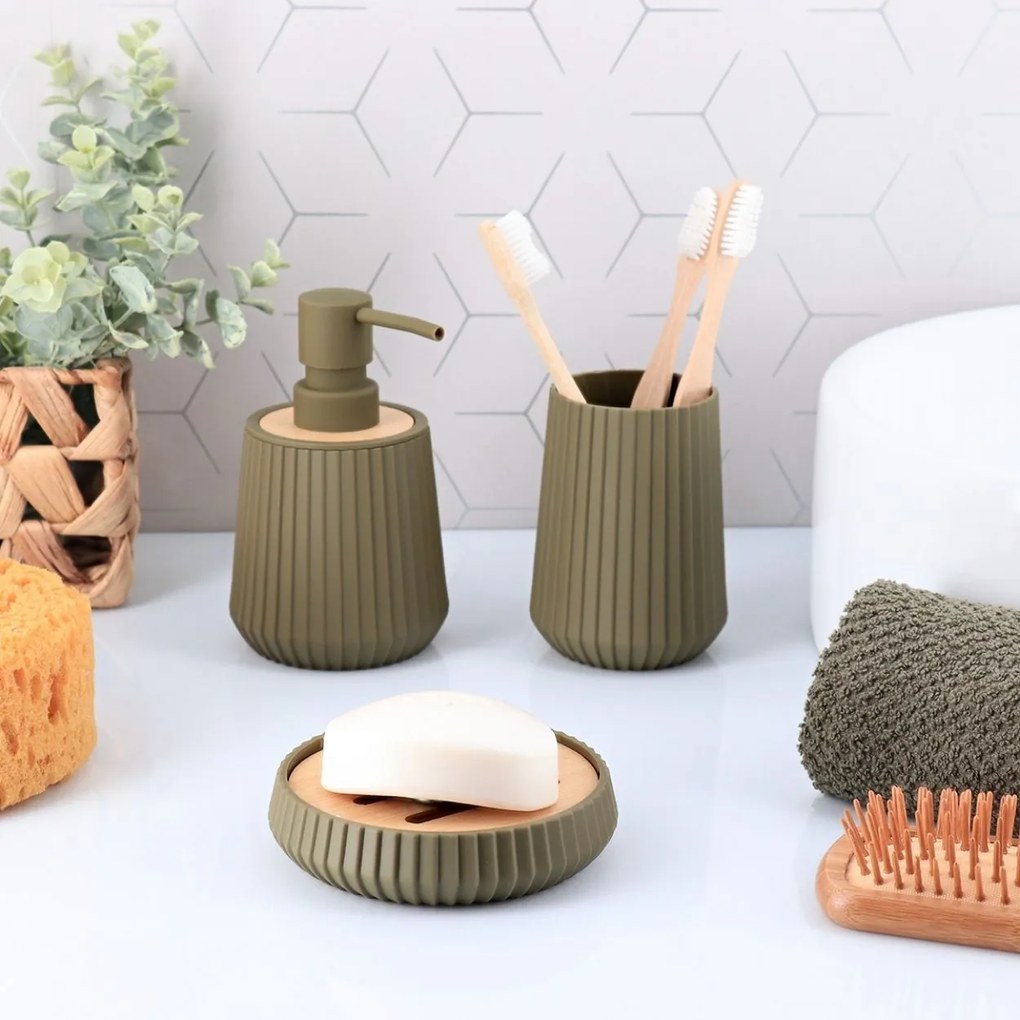 Sada kúpeľňových doplnkov Roza, olivová/s drevenými prvkami