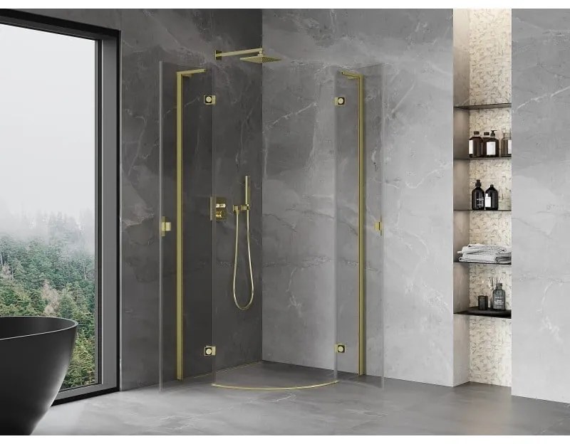 Mexen Mist L, štvrťkruhový sprchový kút s 2-krídlovými dverami, 90 x 90 cm, číre sklo, zlatý matný profil, 8A33L-090-090-55-00