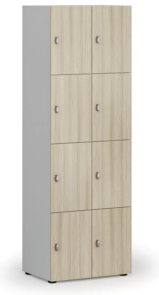 Drevená šatníková skrinka S4 s úložnými boxmi, 8 boxov, demont, otočný zámok, sivá/dub prírodný