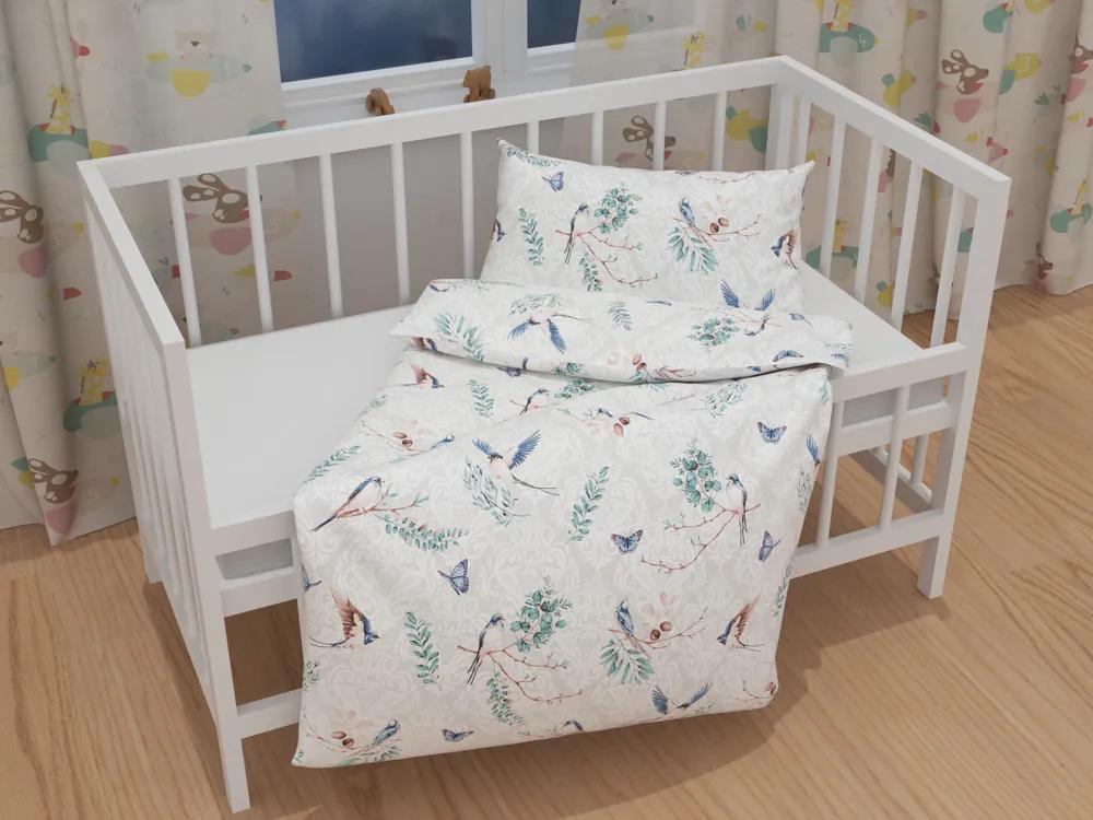 Biante Detské bavlnené posteľné obliečky do postieľky Sandra SA-471 Lastovičky s motýlikmi na svetlo sivom ornamente Do postieľky 90x140 a 40x60 cm