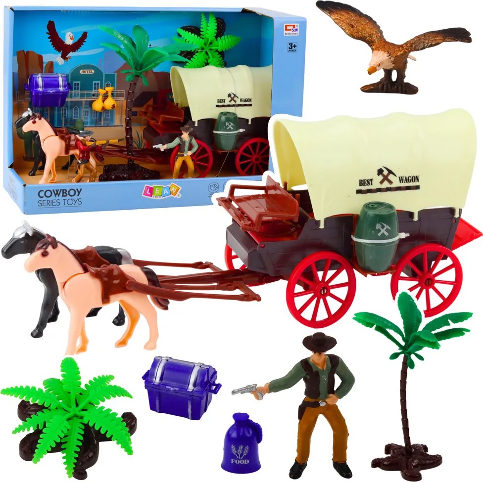 LEAN Toys Sada kovbojských figúrok westernový kočiar kone palmy