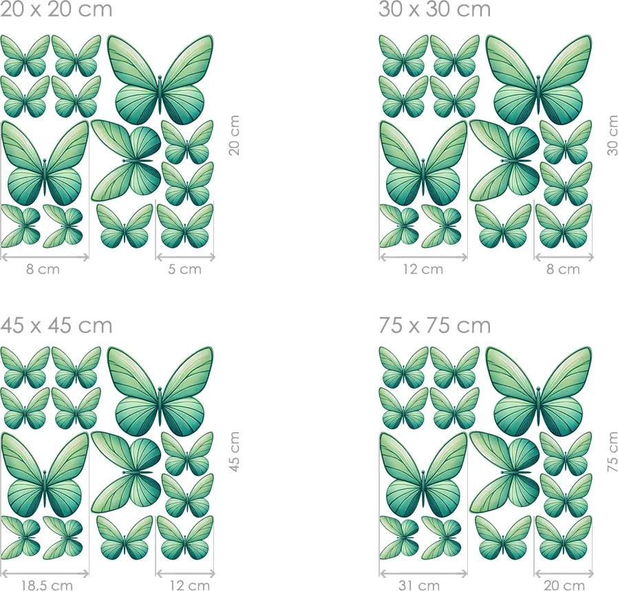 Motýle svetlo zeleňou 13 ks textilní prelepiteľné nálepky na stenu hárok 30 x 30 cm