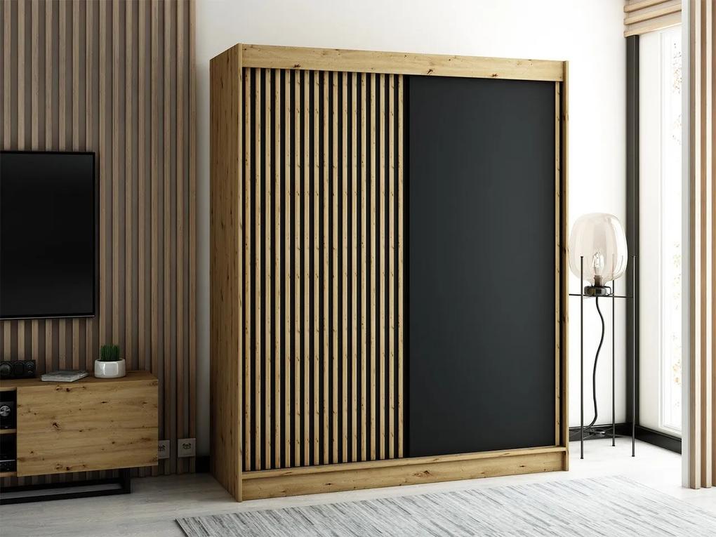 Skriňa s posuvnými dverami Tigori 180 cm, zásuvka: áno, Farby: dub artisan / čierny mat + dub artisan