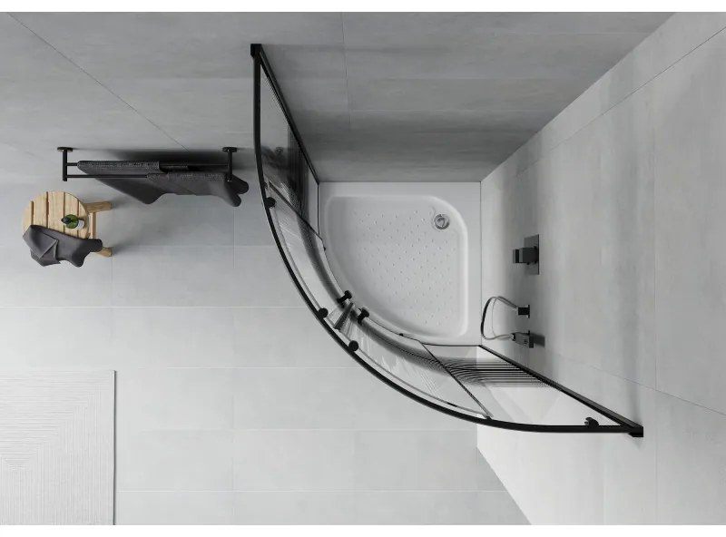 Mexen Rio, štvrťkruhový sprchovací kút s posuvnými dverami 90(dvere) x 90(dvere) x 190 cm, 6mm číre sklo s pásikmi, čierny profil + Rio sprchová vanička biela, 863-090-090-70-20-4710