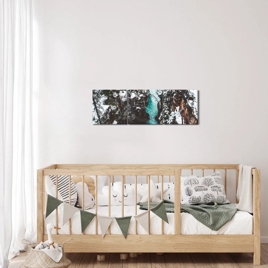 Obraz - horská rieka v zime (s hodinami) (90x30 cm)