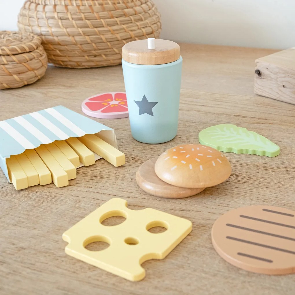 Drevená sada potravín Rýchle občerstvenie - Hamburger a hranolky