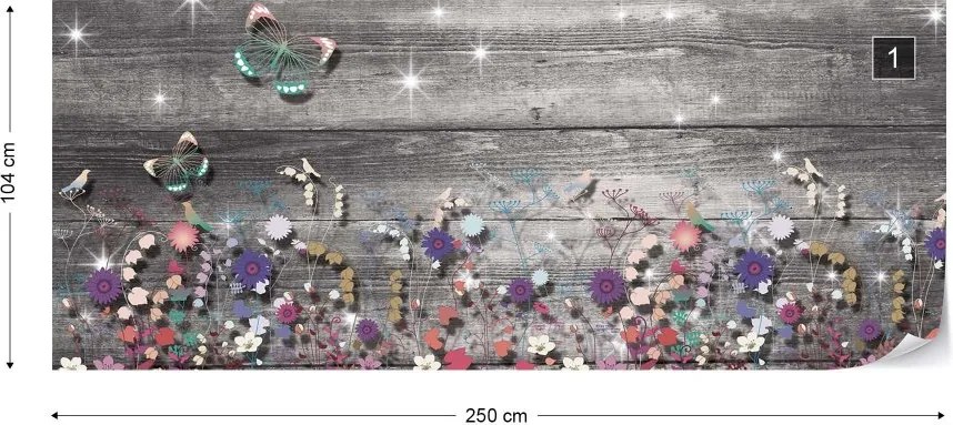 Fototapeta GLIX - Butterflies And Flowers Sparkles Grey Background + lepidlo ZADARMO Vliesová tapeta  - 250x104 cm