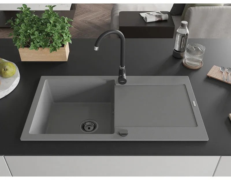 Mexen Leo, drez granitový 900x500x190 mm, 1-komorový a čierna batéria Telma, šedá, 6501-71-670200-70-B