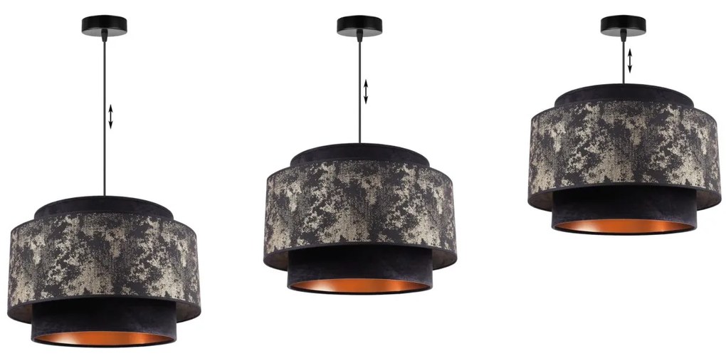Závesné svietidlo Werona duo 2, 1x čierne/zlaté textilné tienidlo so vzorom, g