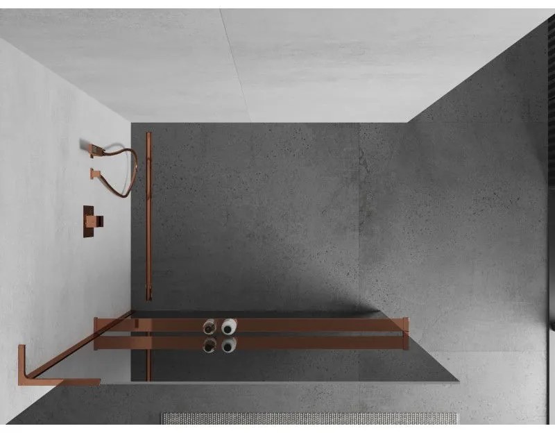 Mexen Kioto+ L, sprchová zástena Walk-In s poličkou a vešiakom 90 x 200 cm, 8mm sklo vzor zrkadlo, ružové zlato profil, 800-090-123-60-50