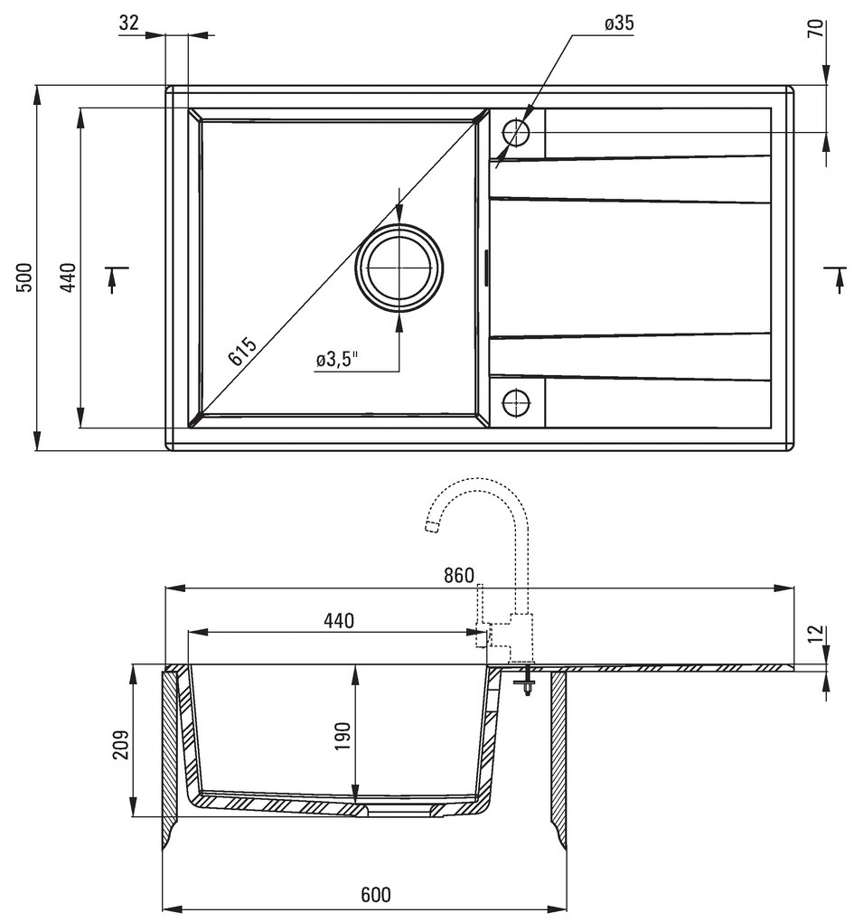 Deante Eridan, granitový drez na dosku 860x500x203 mm Z/O, 3,5" + priestorovo úsporný sifón, 1-komorový, šedá, ZQE_S113