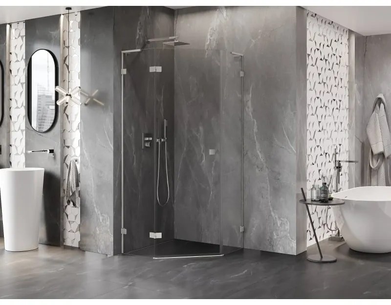 Mexen Lunar, L päťuholníkový sprchový kút naklápací doľava 100x100 cm, 8mm číre sklo, oceľový profil, 831L-100L-100P-97-00-L