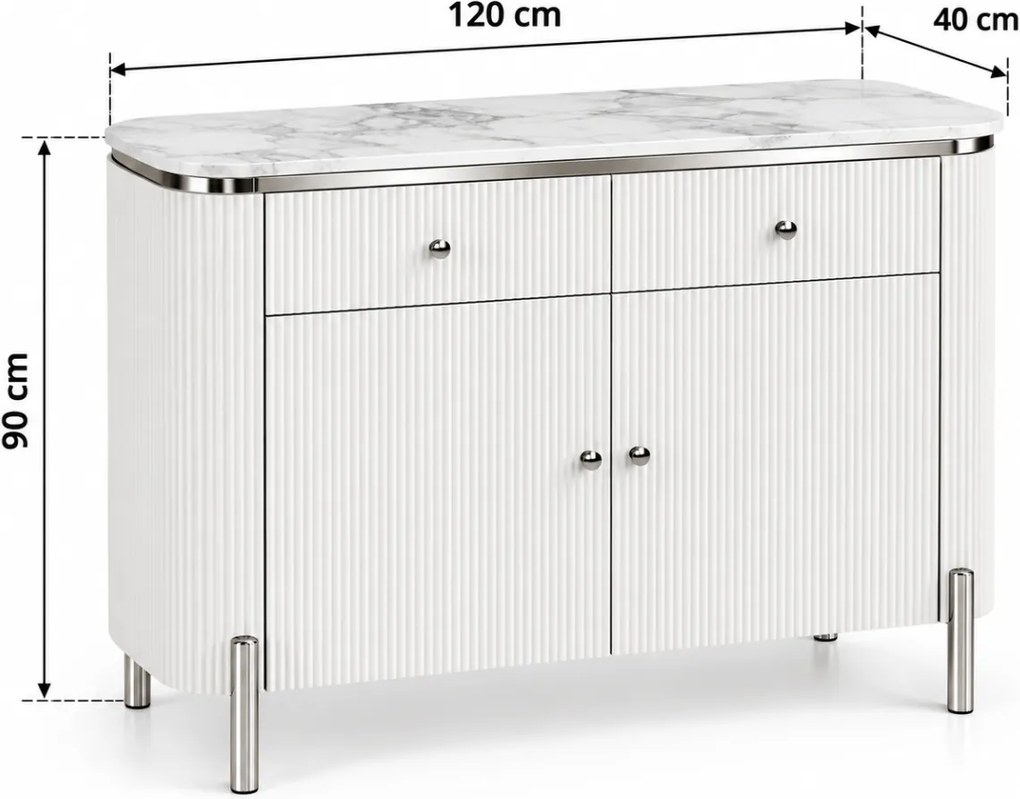 KOMODA GASTON II STRIEBORNÉ NOHY + BIELA + MRAMOR 120 cm